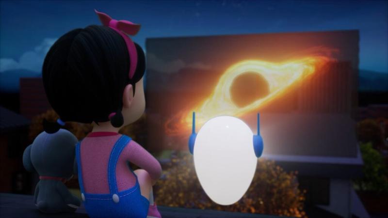 A scene where Little Carrie sits on her rooftop with Mr. Egg, asking and answering questions about space.