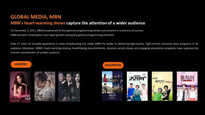 The MAEKYUNG MEDIA GROUP engages in various forms of media  businesses in both the newspaper and broadcasting industries. Maekyung media group boasts three TV channels: MBN (a general programming cable TV channel that provides various beloved dramas, entertainment shows, etc). MBN+ (total entertainment channel, launched in April 2016), and MAEIL BUSINESS TV (Business channel).