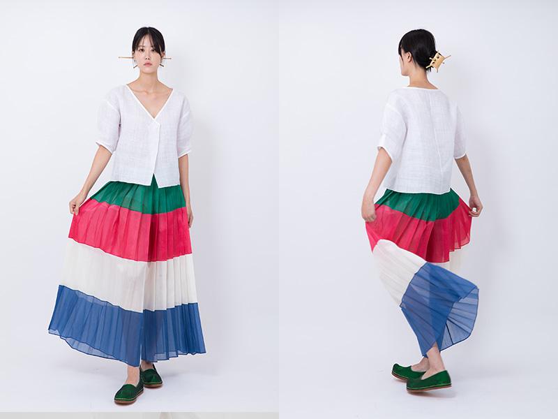Contemporary pants with traditional Korean colors