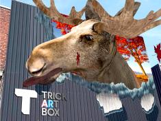 Reindeer AR breaking through the exterior wall of the building and looking around