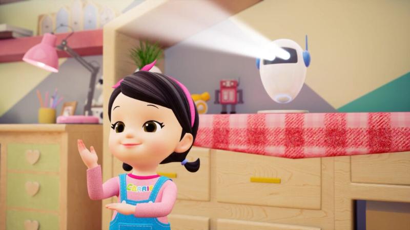  Mr. Egg's eyes function as a beam projector, bringing Little Carrie's curiosity to life through visuals.