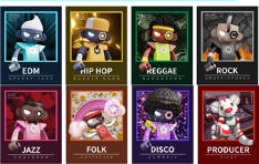  This is a music animation featuring 'toy bands' representing seven different musical genres: EDM, hip-hop, reggae, jazz, disco, folk, and rock.