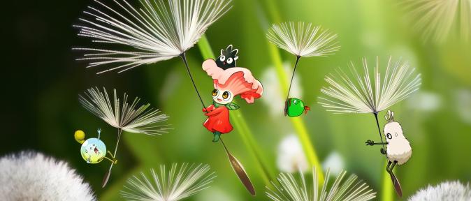 This is a scene where Seori and her friends fly on dandelion seeds beyond the terrarium they lived in.