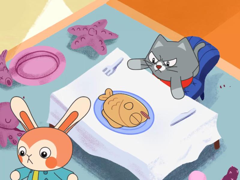 This is the scene where Cookie refuses all the fish, so it falls on the floor, and he see is the fishbread on the plate.