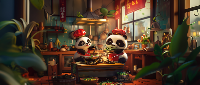 Image of twin pandas cooking